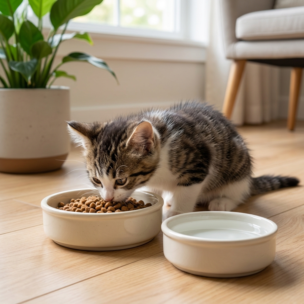 A kitten eating from a shallow ceramic bowl next to a small dish of water