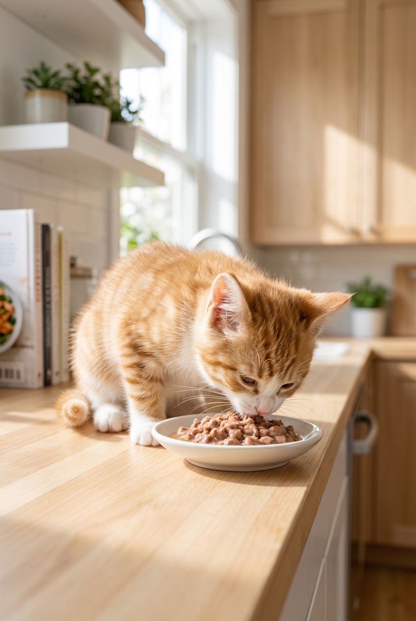 A kitten eating from a small bowl in a bright kitchen