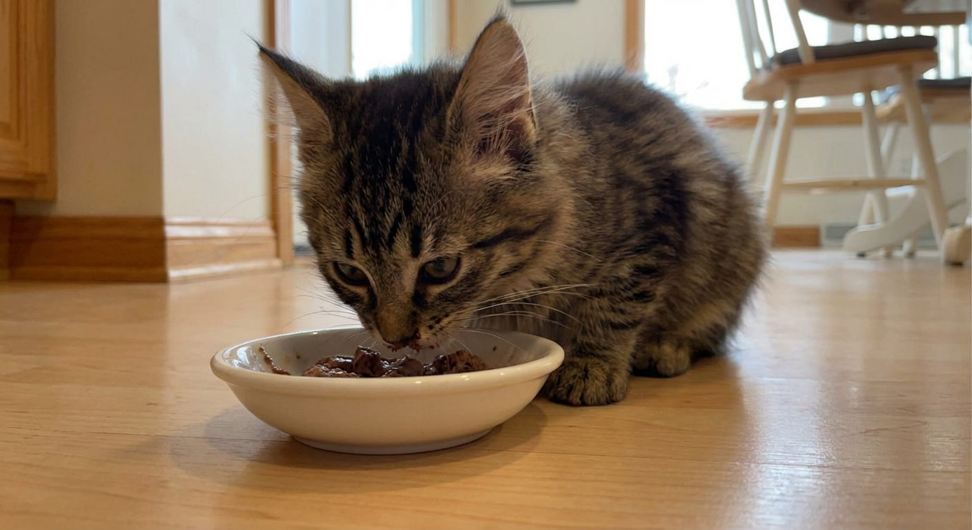 A kitten eating wet food from a shallow bowl on a kitchen floor