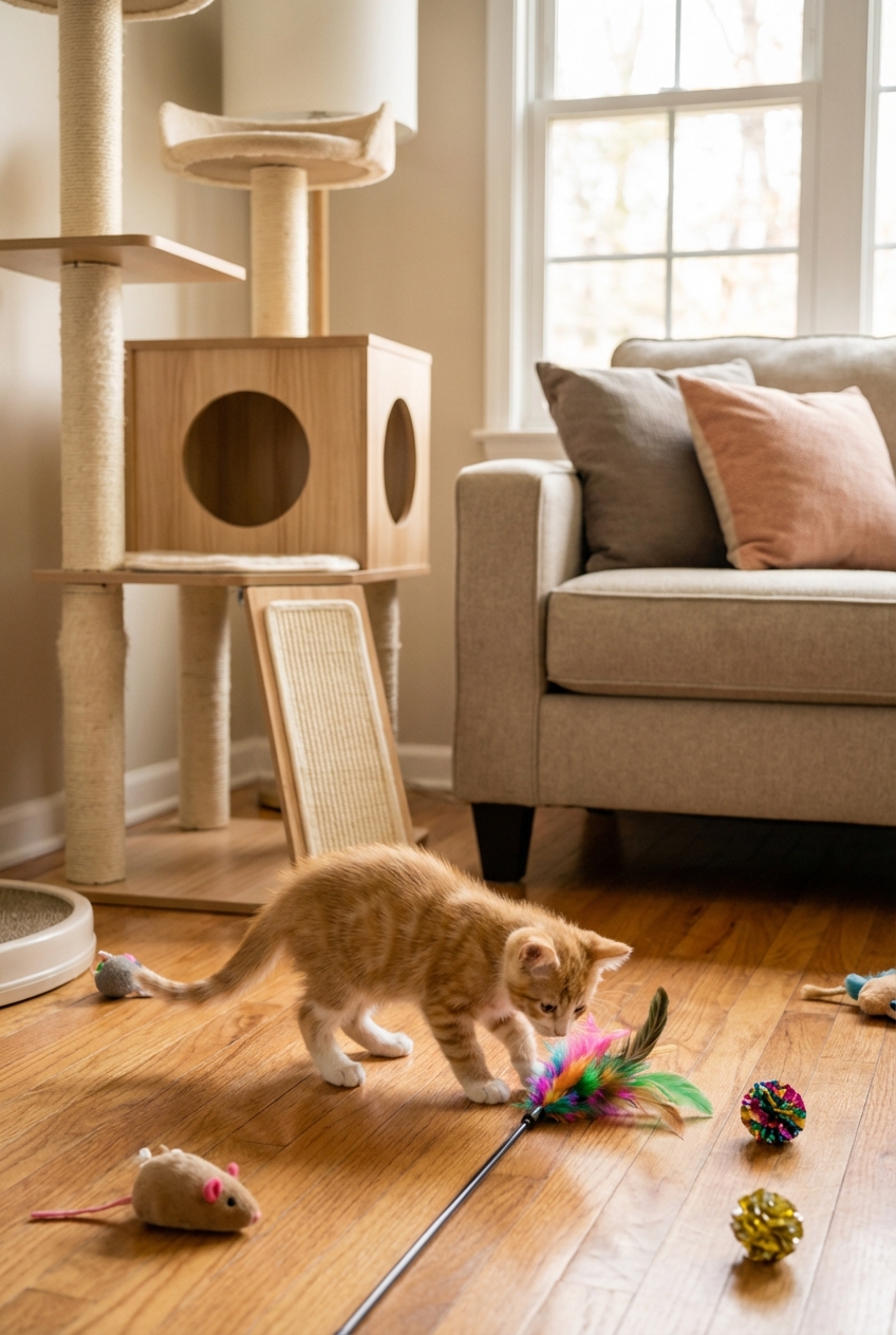 A kitten exploring a living room with a sturdy cat tree and toys visible on the floor
