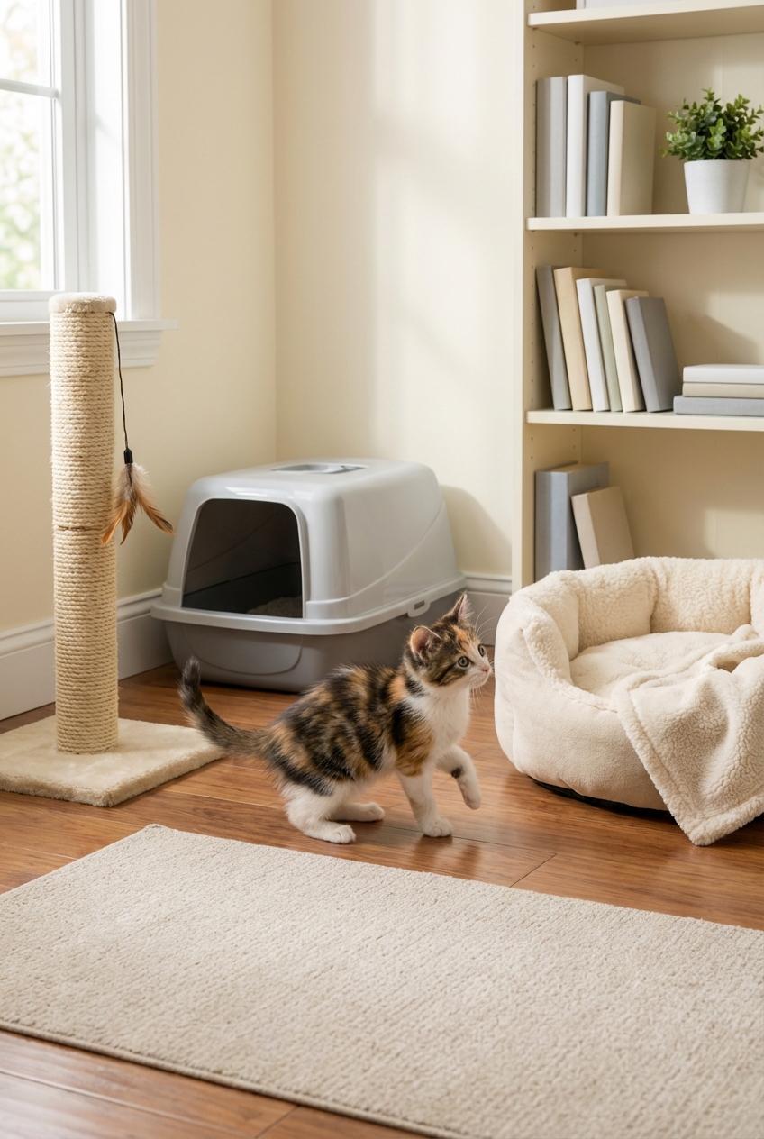 A kitten exploring a tidy room with a litter box, scratching post, and a cozy bed in the corner