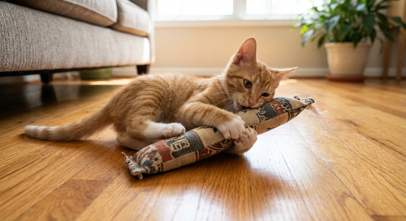 A kitten hugging and kicking a long stuffed kicker toy on a hardwood floor