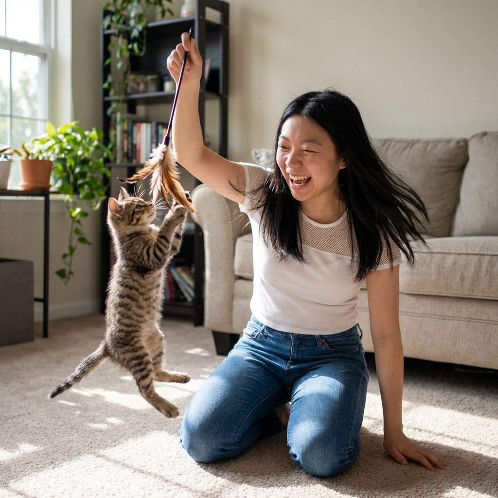 A kitten jumping to catch a feather wand toy held by a person