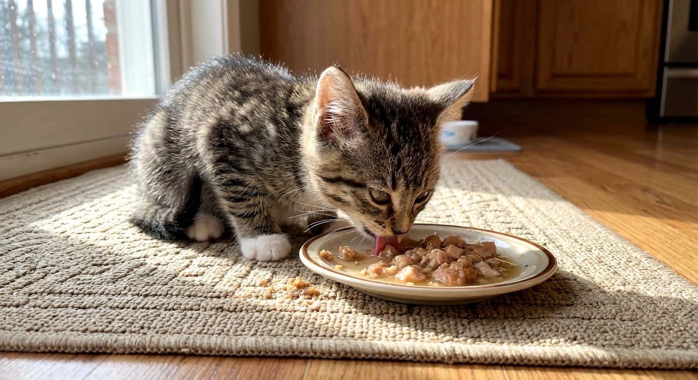 A kitten licking wet food from a small plate on a kitchen mat