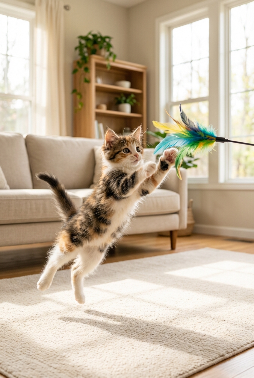 A kitten mid-pounce reaching for a feather wand toy in a bright living room