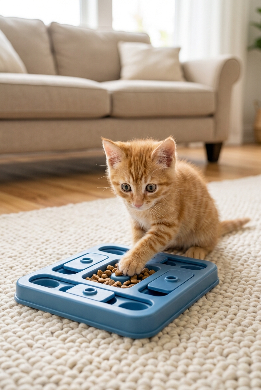 A kitten nudging kibble out of a small puzzle feeder on a living room rug