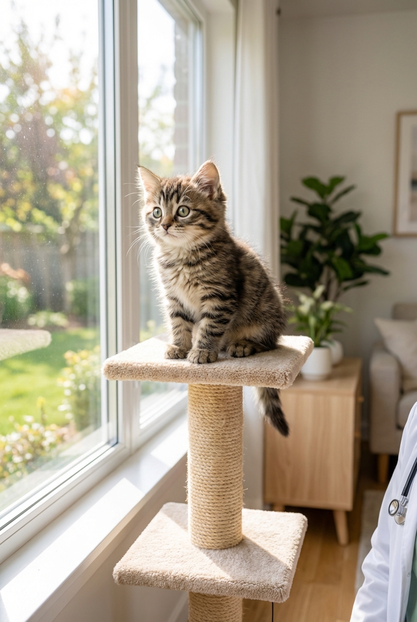A kitten perched on a cat tree by a window looking outside in daylight