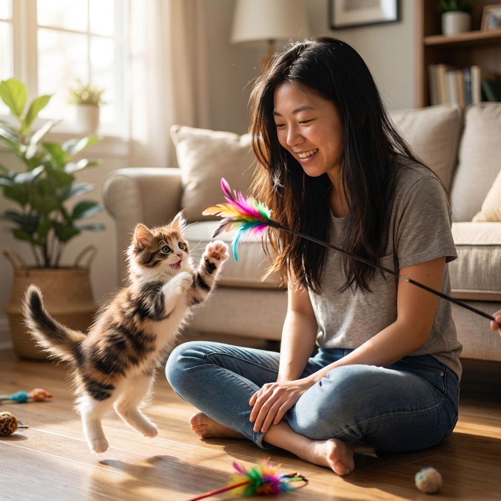 A kitten pouncing on a feather wand toy held by a person sitting on the floor