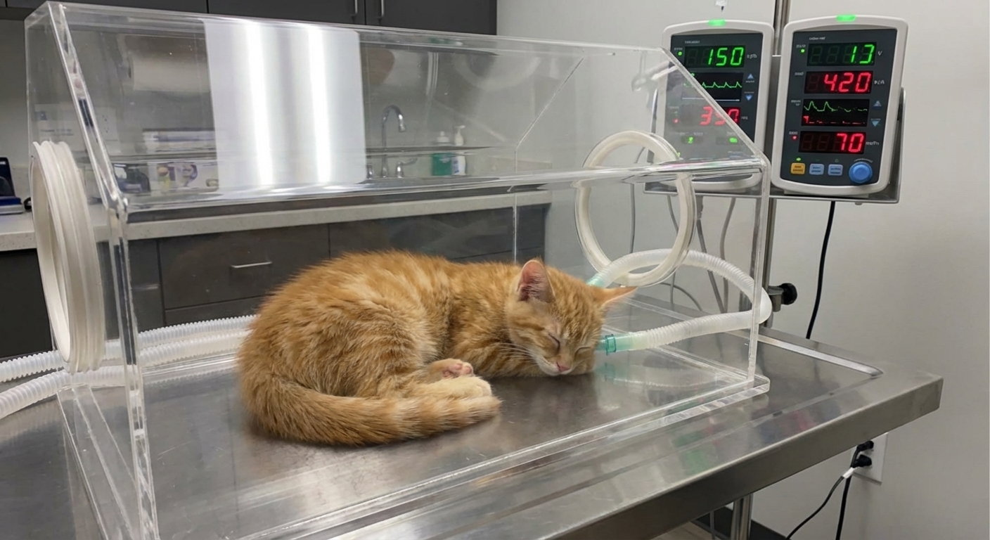 A kitten resting in a clear oxygen-capable veterinary isolation enclosure with monitoring equipment in the background, realistic clinical photography