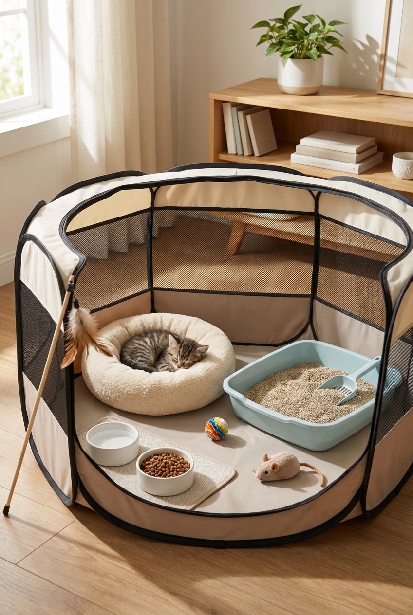 A kitten-safe playpen setup with a small bed, shallow litter tray, water dish, and a few toys