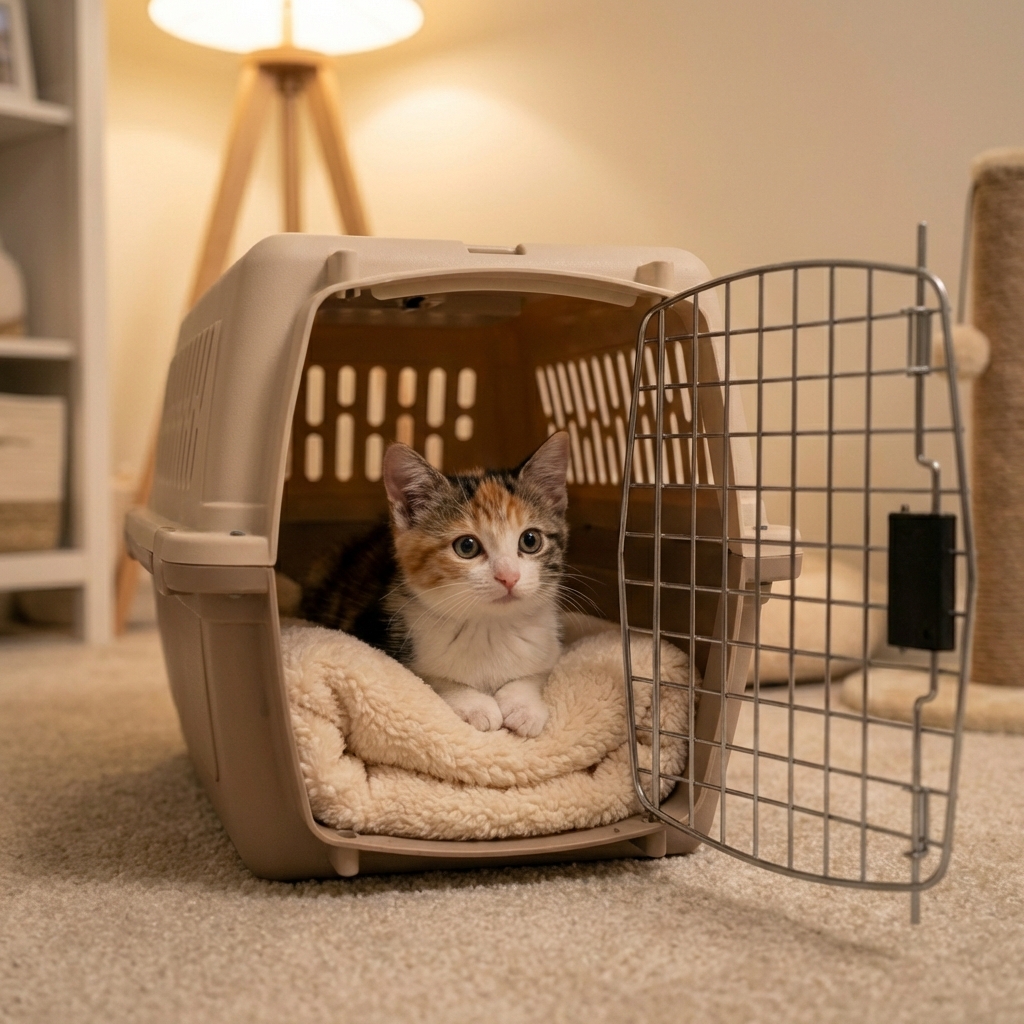 A kitten sitting calmly in an open pet carrier with a soft blanket inside