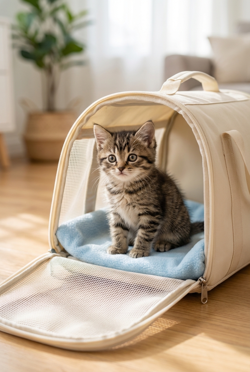 A kitten sitting calmly inside an open pet carrier lined with a soft blanket