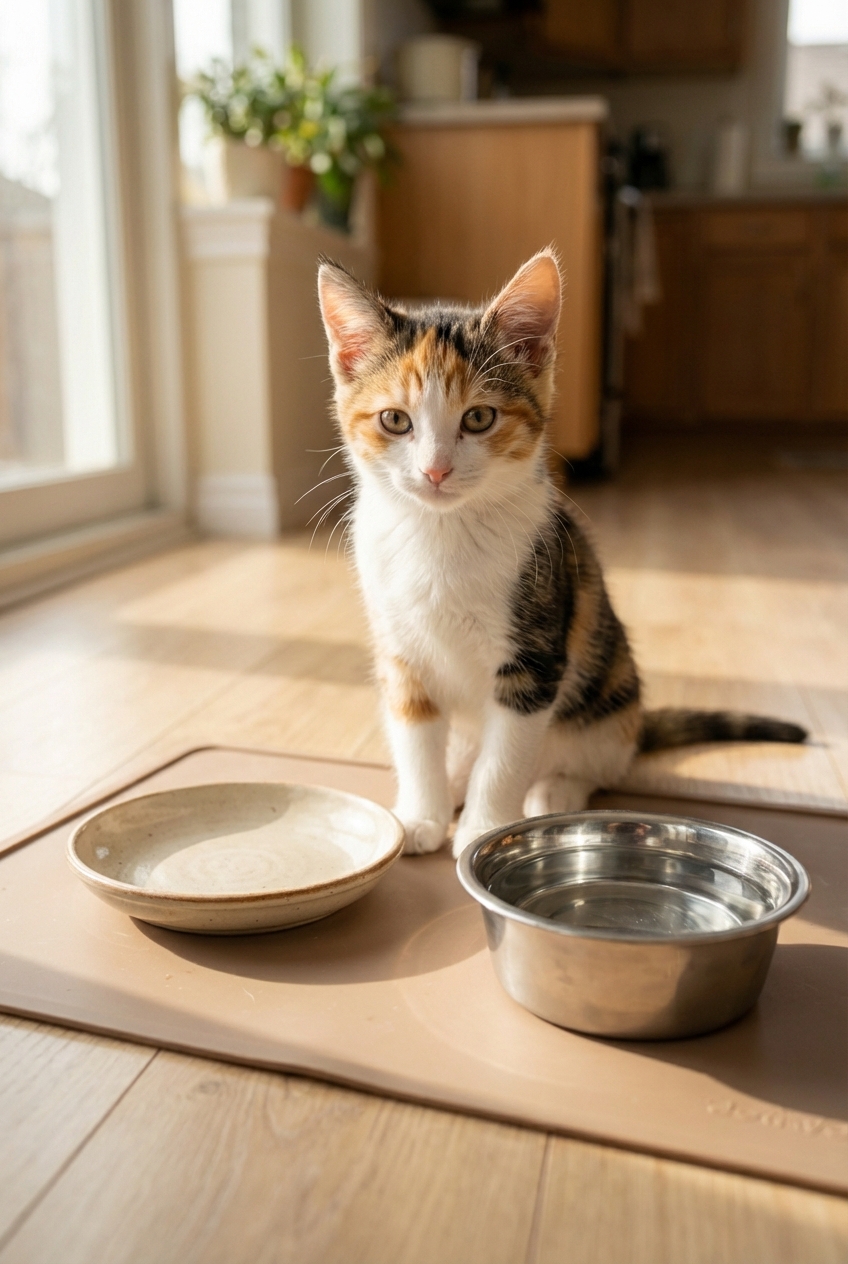 A kitten sitting next to a clean food bowl and a stainless steel water bowl on a mat