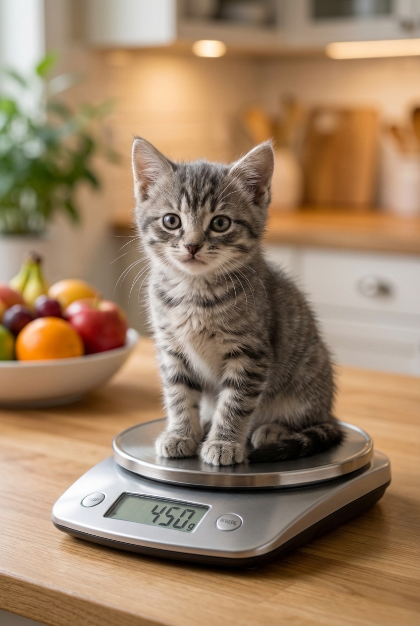 A kitten sitting on a digital kitchen scale in a home setting