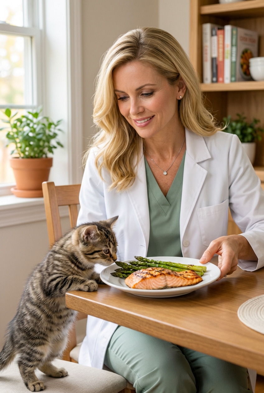 A kitten sniffing a plate of food on a dining table while a person gently moves the plate away