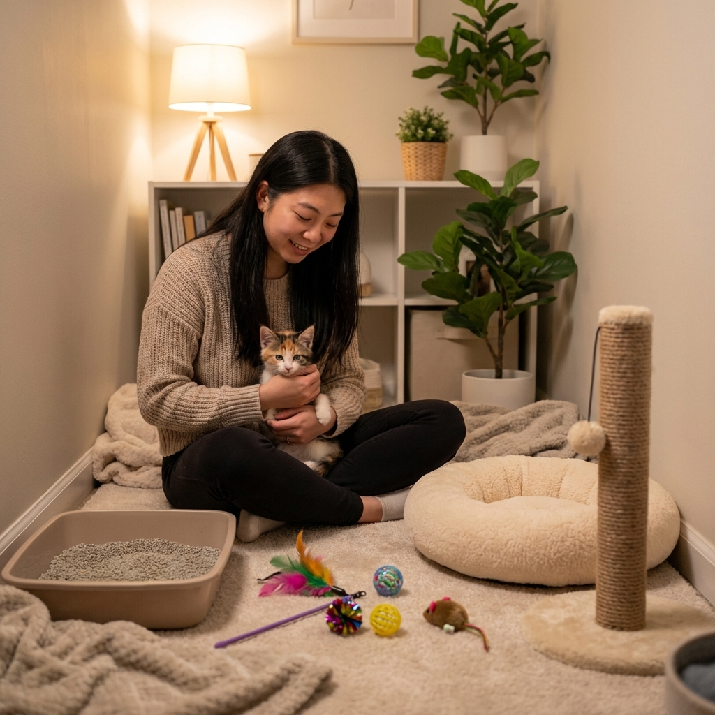A kitten socialization setup in a small room with a litter box, bed, scratcher, and toys