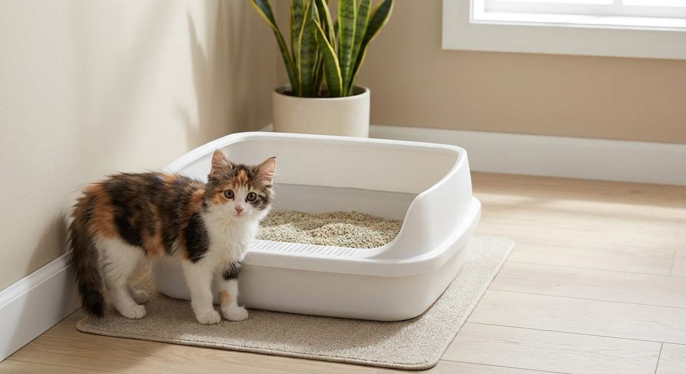 A kitten standing beside a low-entry litter box in a clean, quiet corner of a room