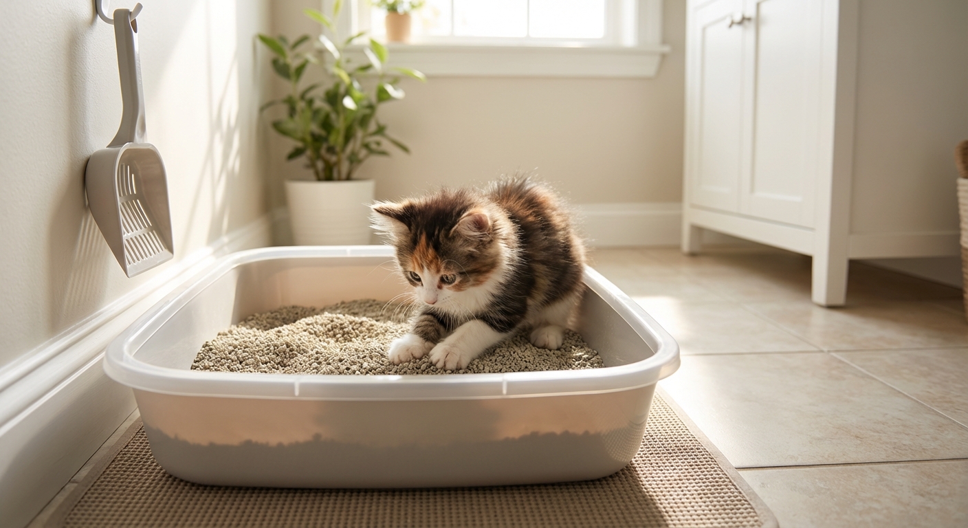 A kitten using a clean litter box in a well-lit room