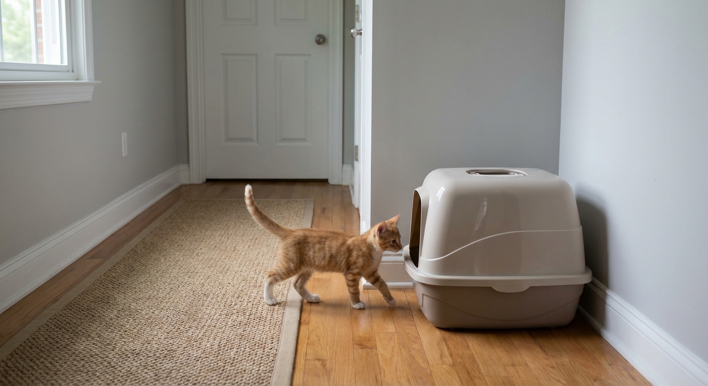 A kitten walking calmly toward a litter box placed in a quiet hallway corner with no other pets nearby