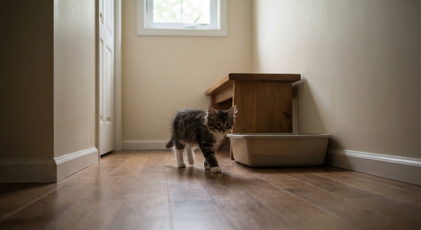 A kitten walking toward a litter box placed in a quiet hallway corner