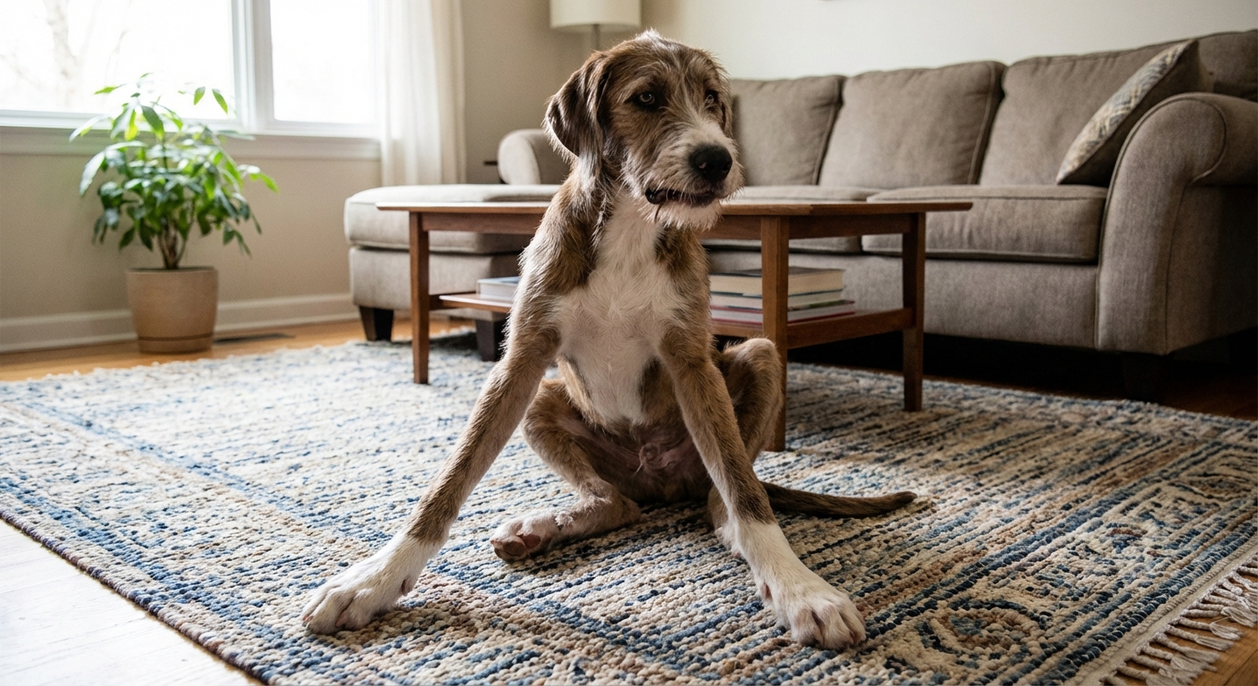 A lanky adolescent dog sitting on a living room rug with long legs and oversized paws