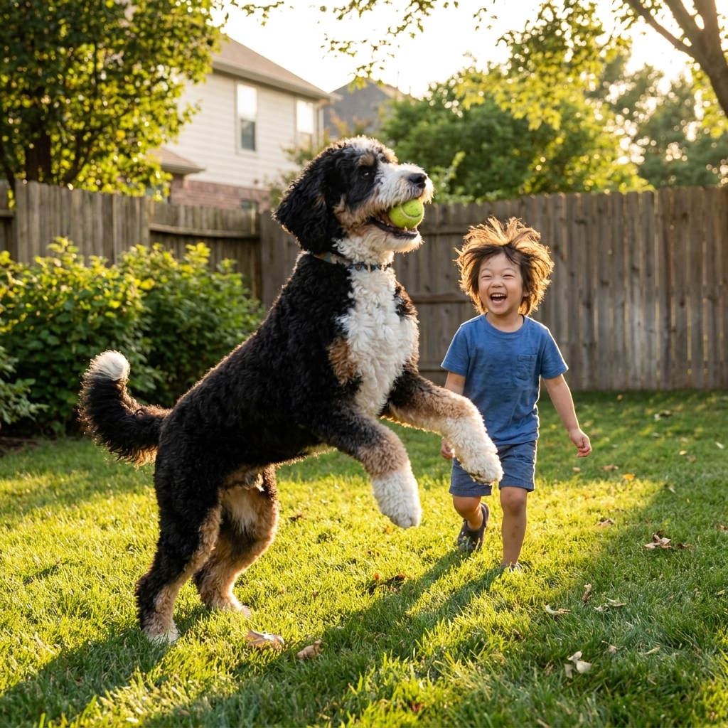 A large Bernedoodle playing fetch with a child in a grassy backyard during late afternoon light, real photo style