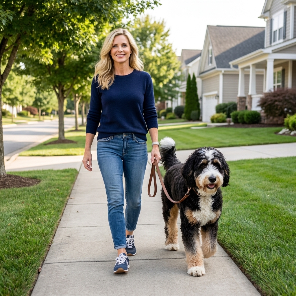 A large Bernedoodle walking politely on a leash beside an adult on a quiet neighborhood sidewalk, candid outdoor photo