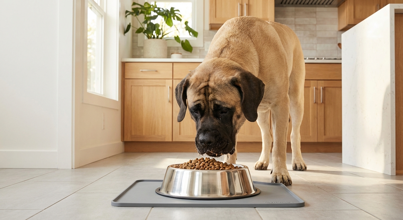 A large English Mastiff eating from a stainless steel bowl in a clean kitchen