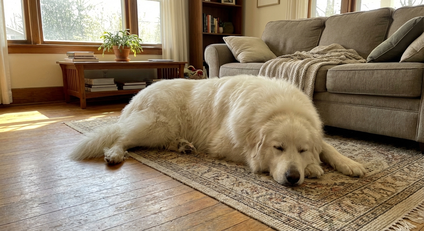 A large Great Pyrenees lying calmly on a living room rug beside a family sofa, photorealistic indoor lifestyle photo with soft natural window light