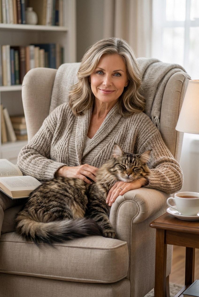 A large Maine Coon cat sitting beside an older adult in a cozy reading chair