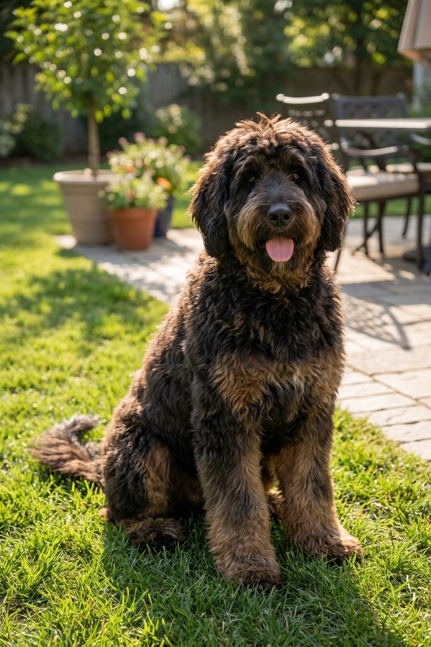 A large Newfypoo sitting calmly on a sunlit lawn next to a family patio, fluffy wavy coat, relaxed expression, photorealistic lifestyle pet photography