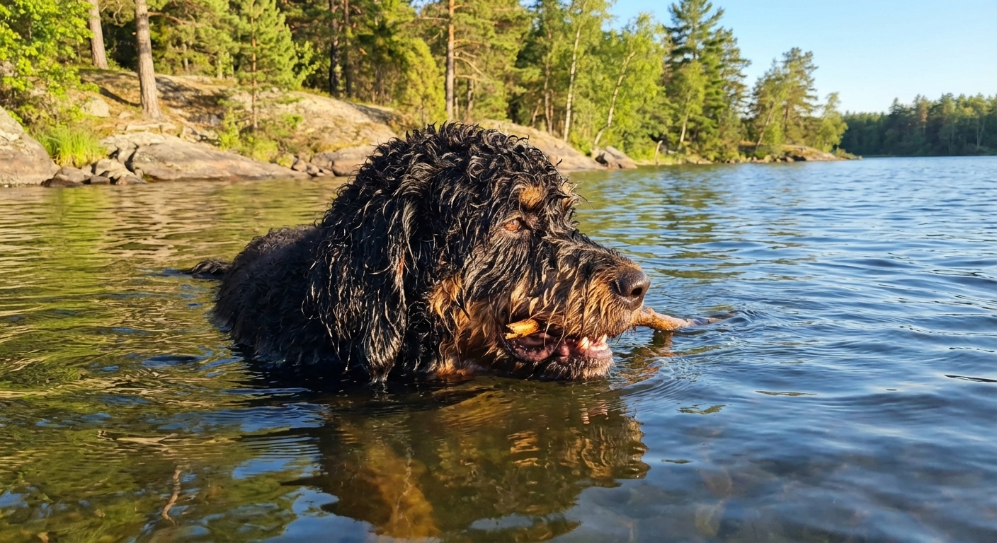 A large Newfypoo swimming in a calm lake near the shoreline on a sunny day, water droplets on the coat, photorealistic