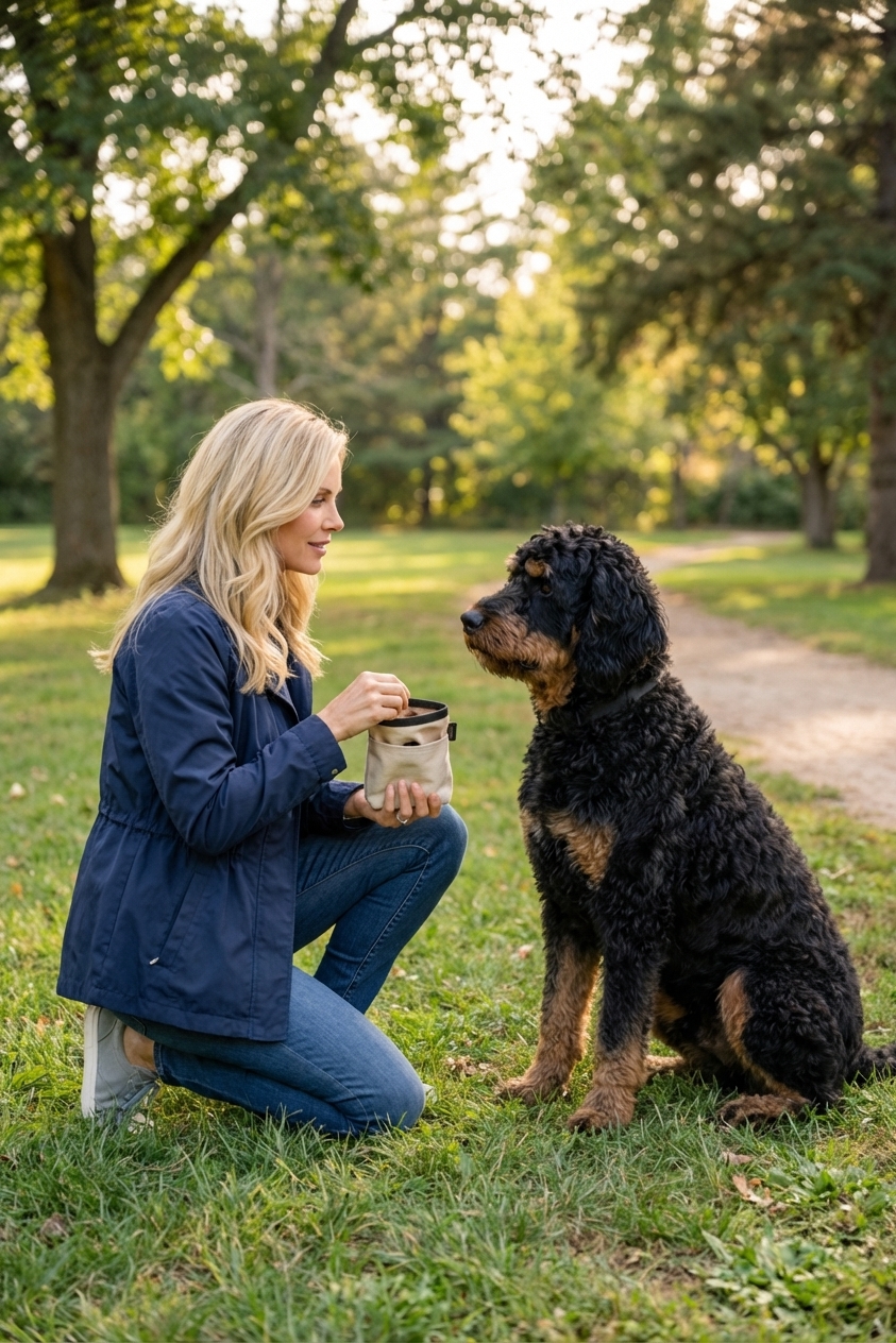 A large Rottweiler Poodle mix practicing a sit-stay in a quiet park while an owner holds a treat pouch, focused dog expression, natural light, realistic photography