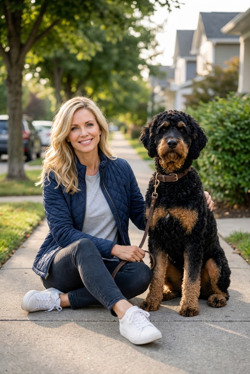 A large Rottweiler Poodle mix sitting on a sidewalk beside its owner during a calm leash walk, natural daylight, realistic pet photography