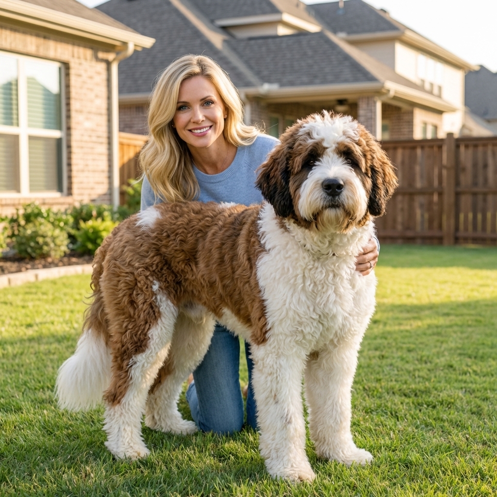 A large Saint Berdoodle standing on a grassy suburban lawn next to an adult for scale, photorealistic natural light, showing the dog’s tall frame and fluffy coat