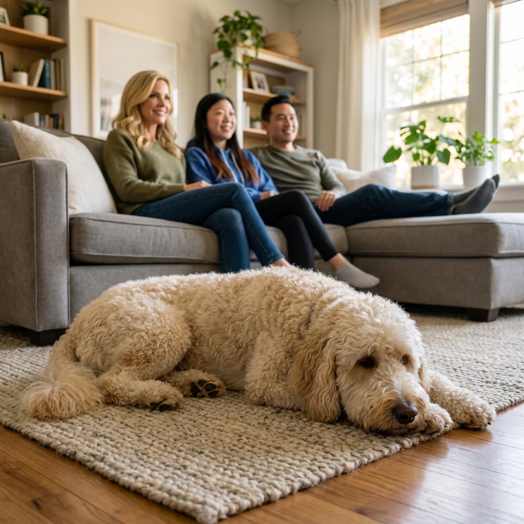A large Standard Goldendoodle with a curly cream coat lying calmly on a living room rug while a family relaxes on a couch in the background, real photograph style
