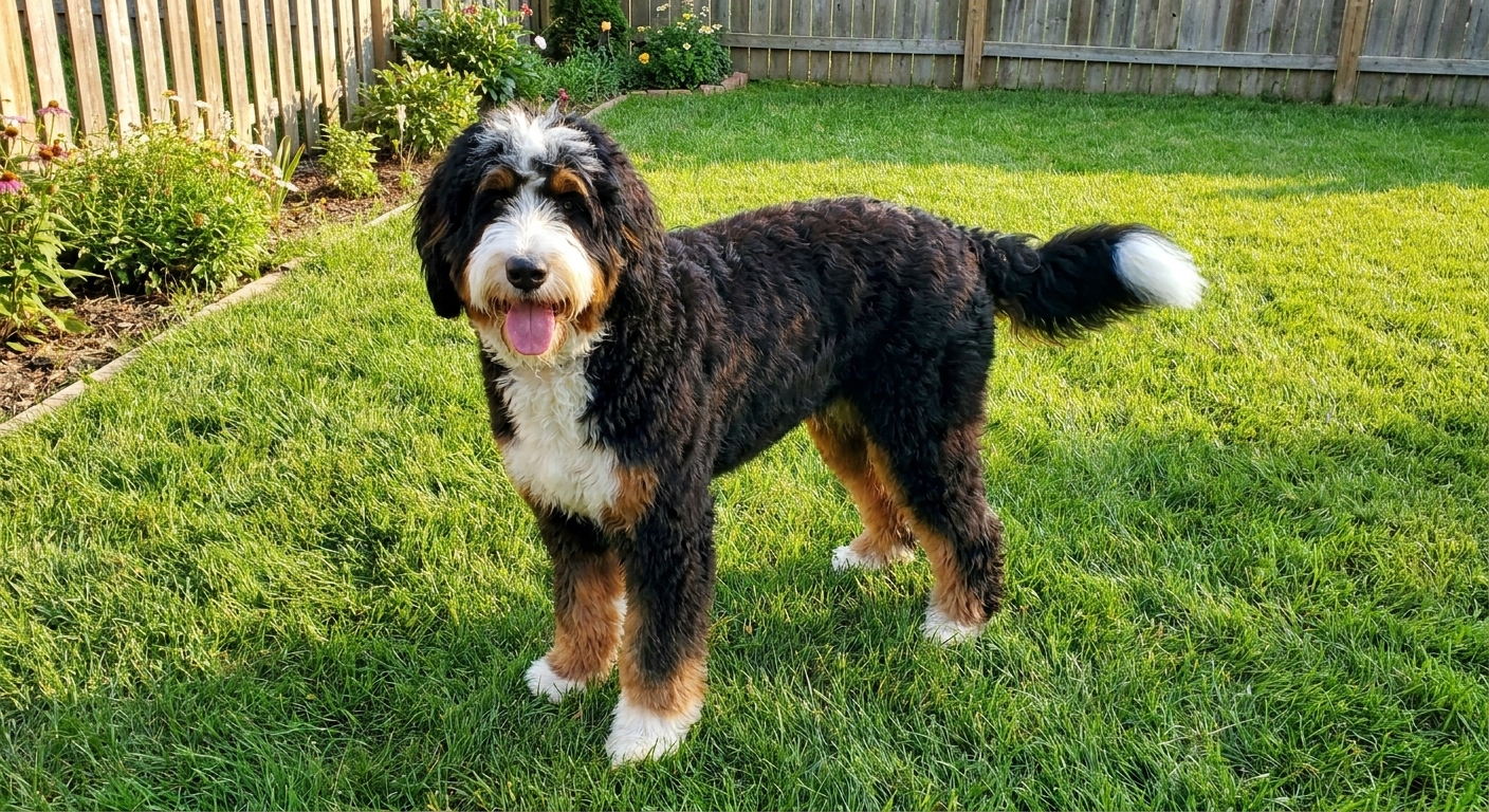 A large adult Bernedoodle with a tri-color coat standing in a grassy backyard with a relaxed posture, real photo