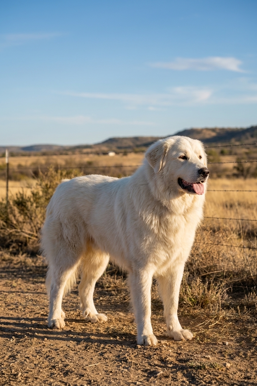 A large adult Great Pyrenees standing outdoors on a Texas ranch with a thick white coat and sturdy legs, natural light, realistic photograph