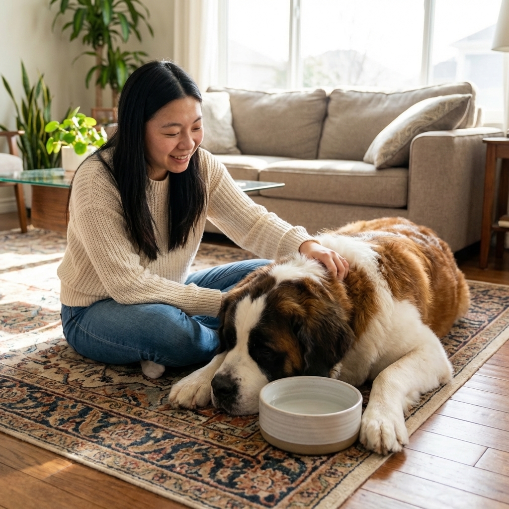 A large adult Saint Bernard resting on a rug in a bright living room next to a water bowl, realistic indoor pet photography