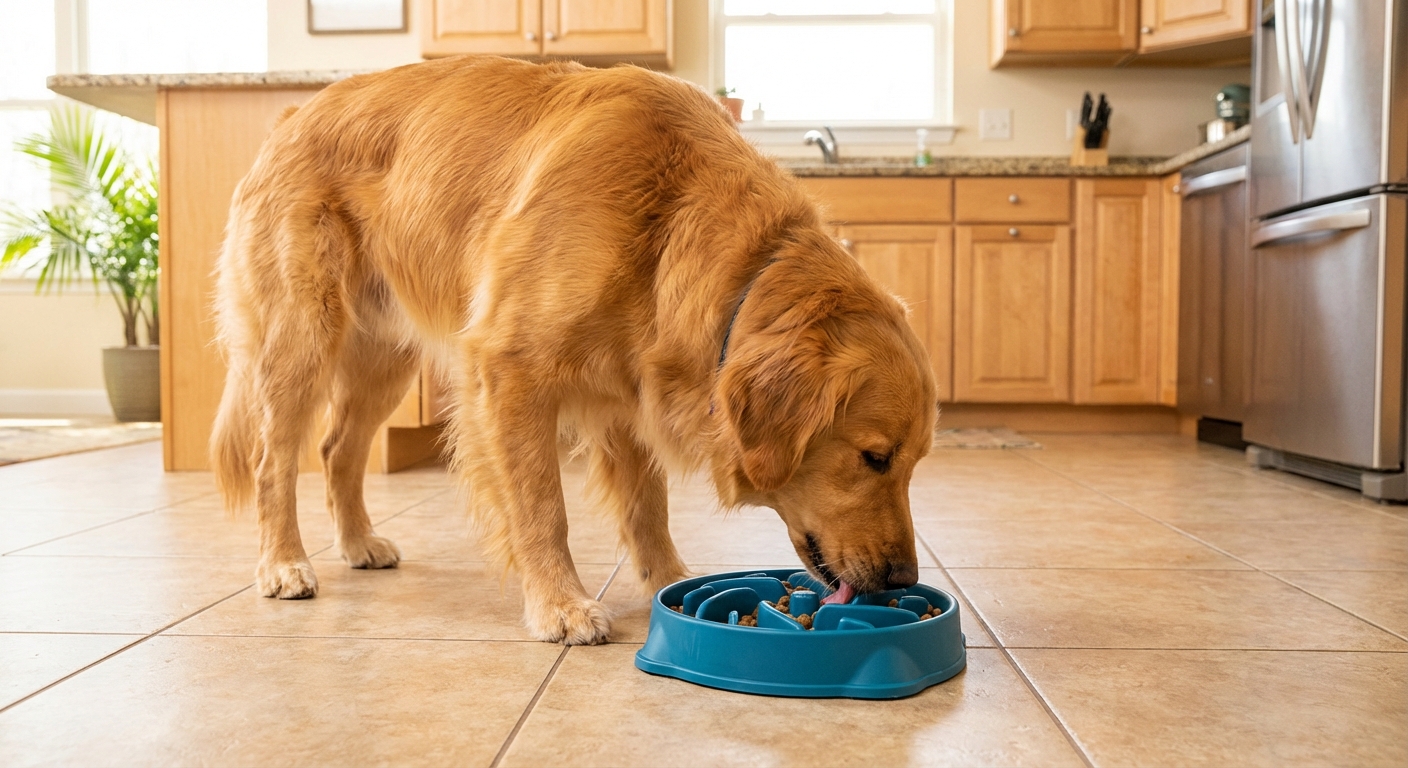 A large deep-chested dog eating from a slow feeder bowl in a kitchen