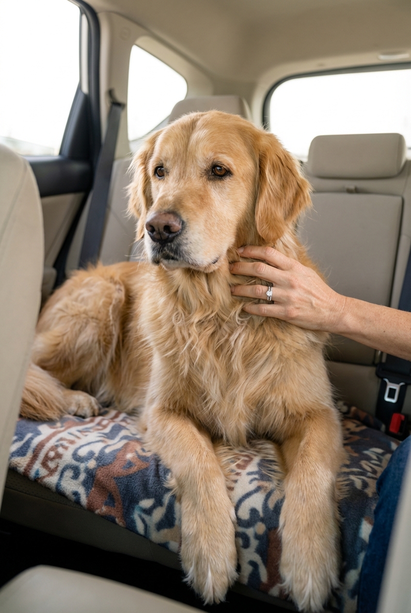A large dog lying on a blanket in the back seat of a car while an adult hand gently rests near the dog’s shoulder