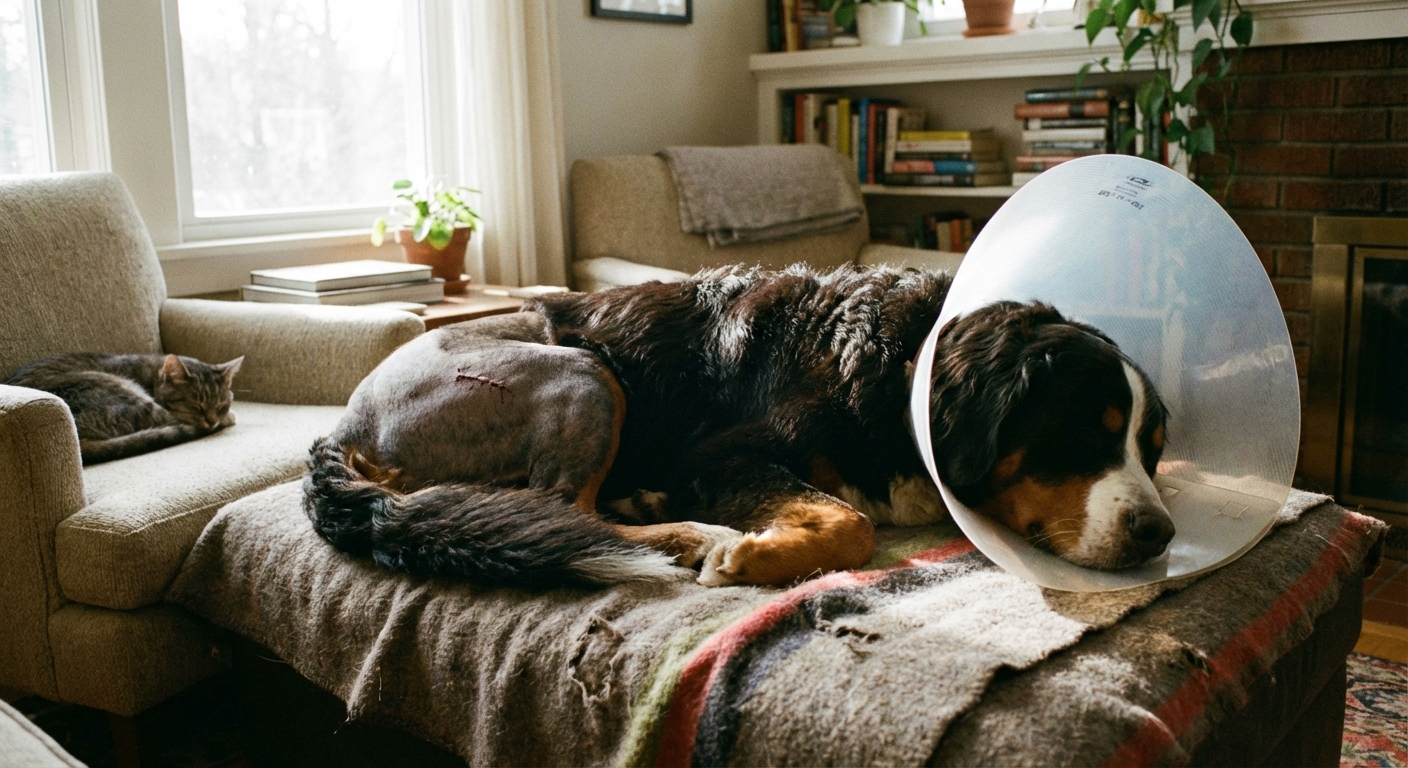 A large dog resting on a blanket at home wearing a recovery cone after abdominal surgery, soft window light, calm realistic photo