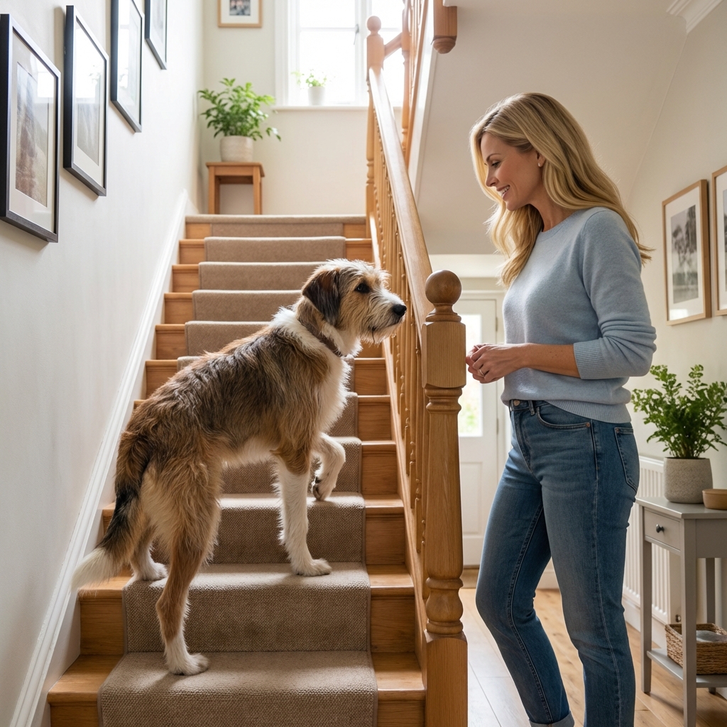 A large dog slowly climbing stairs inside a home while a person stands nearby