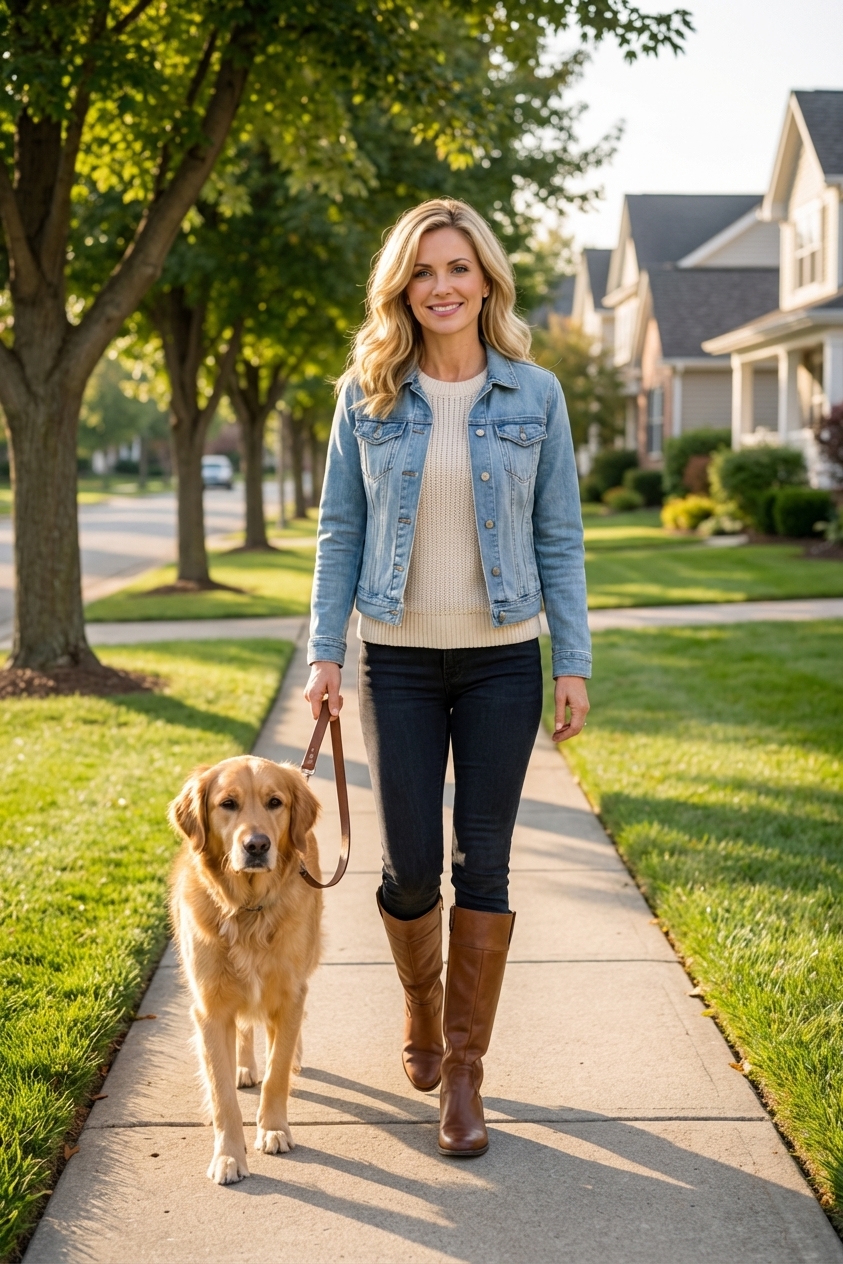 A large dog walking on a leash beside an owner on a neighborhood sidewalk