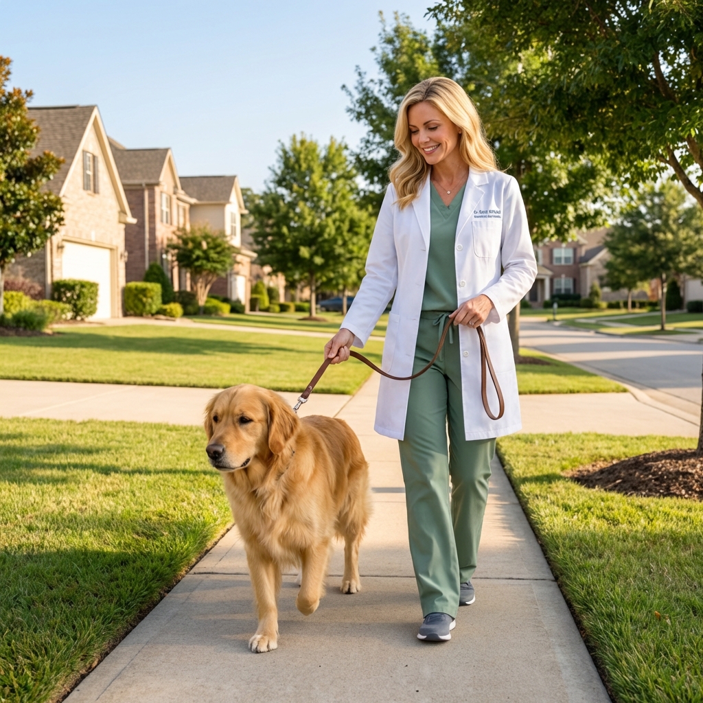 A large dog walking slowly on a leash beside an owner on a quiet neighborhood sidewalk