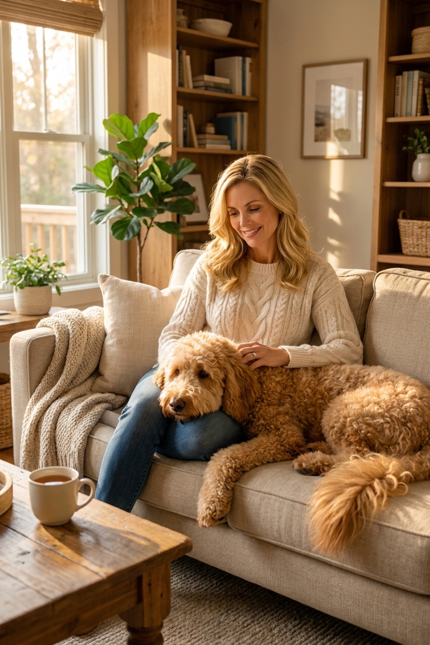 A large doodle dog resting calmly on a couch next to an adult owner in a cozy living room, real photo