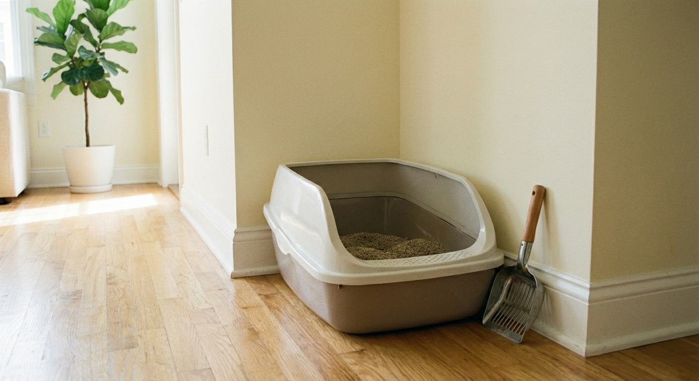 A large open litter box in a quiet corner of a home with a scoop nearby