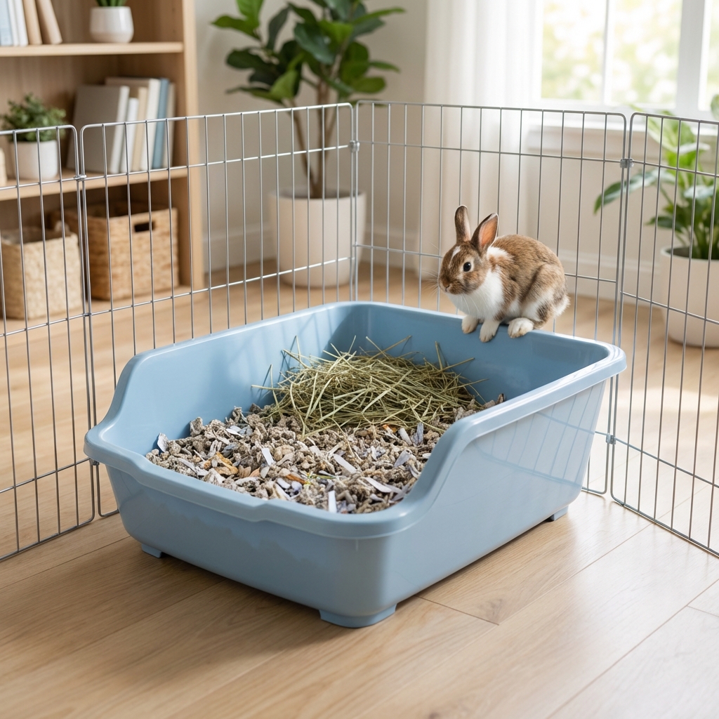 A large plastic litter box set in the corner of a rabbit exercise pen