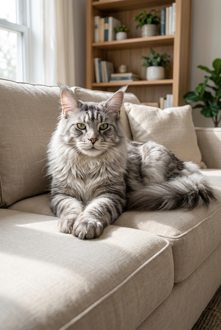 A large silver Maine Coon male lounging on a sofa with his paws stretched out