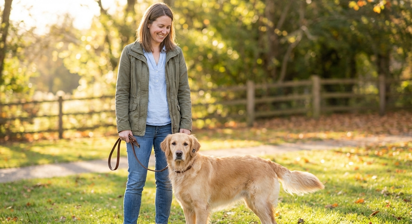 A large spayed female dog standing outdoors next to her owner’s legs on a leash, realistic candid photography, soft afternoon light